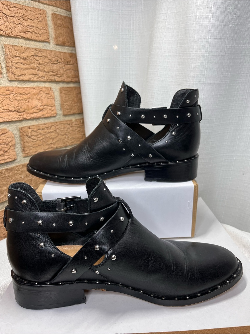 Halogen Studded Leather Ankle Boots Black Moto Western Buckle 8M - Picture 3 of 10